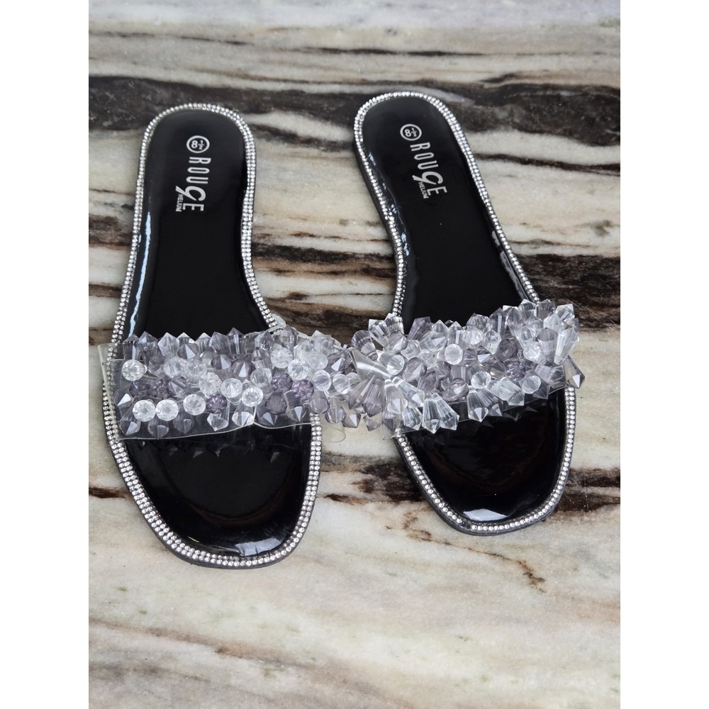 New with flaw Rouge Helium Clear Rhinestone Embellished‎ Slide Sandals 8.5